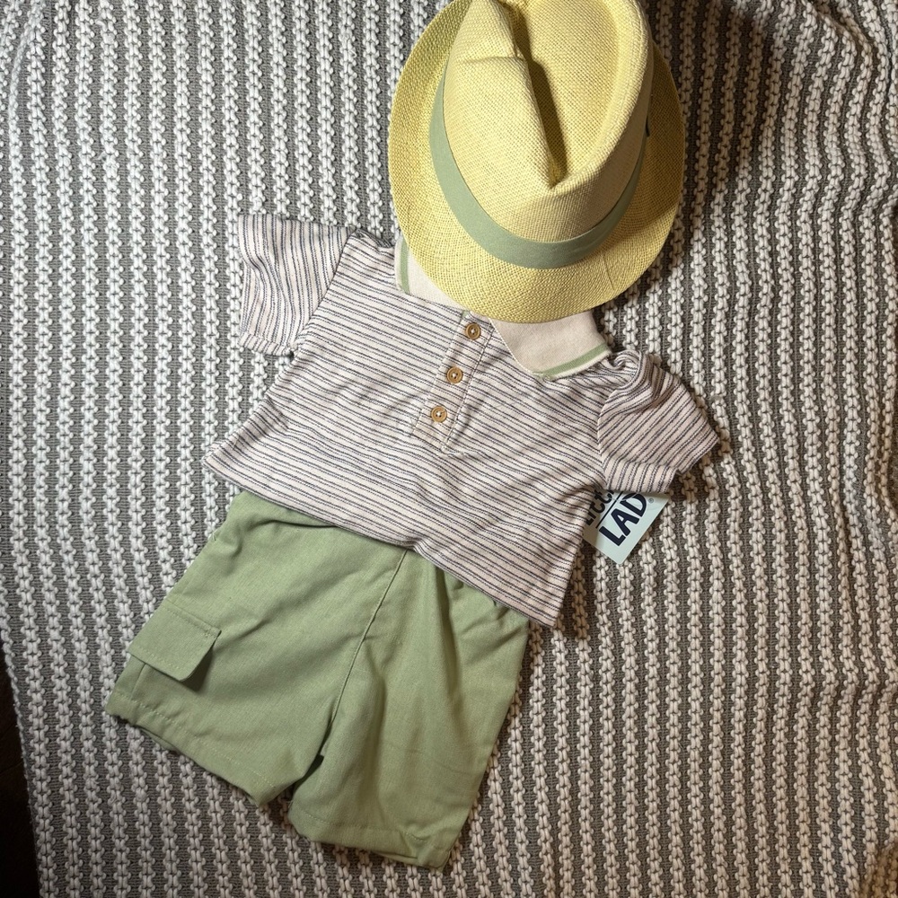 Little Lad 3 Piece |Striped Shirt and Green Shorts Set with Hat